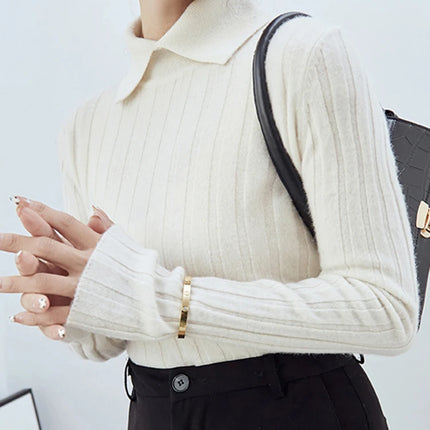 New Polo Collar Women's Knitted Sweater Long Sleeve Slim Fit Pullovers for Women Autumn Winter Sweaters Soft Warm Bottoming Tops