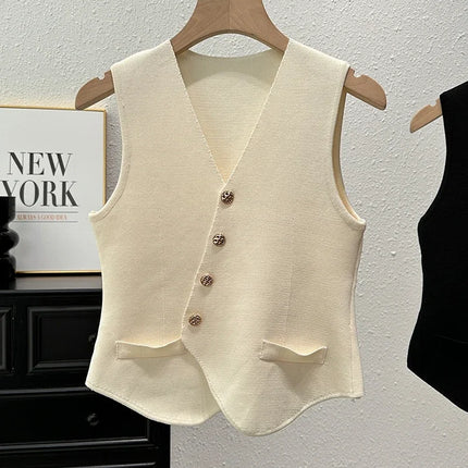 New Summer Women Knitted V-Neck Sleeveless Slim Vest 2025 Female Fashion Solid Single Breasted Tank Tops