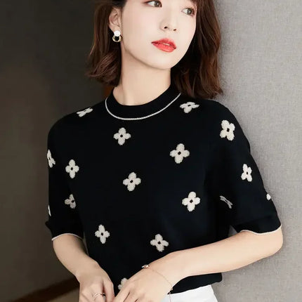 2025 Casual Thin Knitted T-Shirt Summer Short Sleeve Tops Elegant Woman Clothes Embroidery Flower Fashion Tee Shirt Femme New