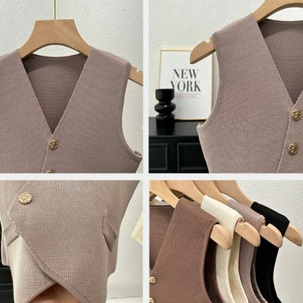 New Summer Women Knitted V-Neck Sleeveless Slim Vest 2025 Female Fashion Solid Single Breasted Tank Tops