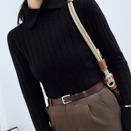 New Polo Collar Women's Knitted Sweater Long Sleeve Slim Fit Pullovers for Women Autumn Winter Sweaters Soft Warm Bottoming Tops