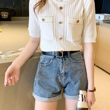 White Tshirt Women Summer 2024 Short Sleeve Top Ladies Pockets Basic T Shirts Knitted Casual Clothes Tee Shirt Femme
