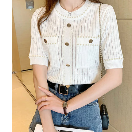 White Tshirt Women Summer 2024 Short Sleeve Top Ladies Pockets Basic T Shirts Knitted Casual Clothes Tee Shirt Femme