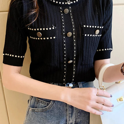 White Tshirt Women Summer 2024 Short Sleeve Top Ladies Pockets Basic T Shirts Knitted Casual Clothes Tee Shirt Femme