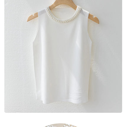 Korea Knitted Vests Women Top Solid Tank Blusas Mujer De Moda Summer New Fashion Female Sleeveless Beading Casual Thin Tops