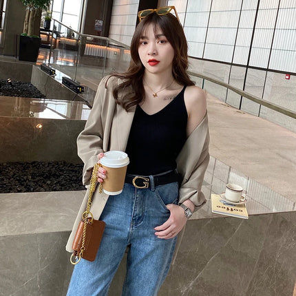 Korea Summer Tops New Solid V-Neck Elastic Knitted Suspender Camis Women's Tanks Clothing Basics Shirt