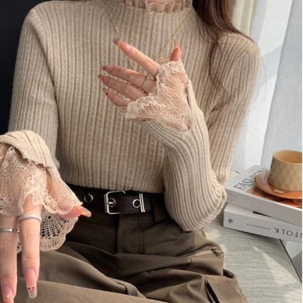 Autumn Winter Female Long Sleeve Knit Patctwork Lace Sweater Turtleneck Skinny Elastic Knitted Pullovers Women Solid Color Tops