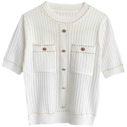 White Tshirt Women Summer 2024 Short Sleeve Top Ladies Pockets Basic T Shirts Knitted Casual Clothes Tee Shirt Femme