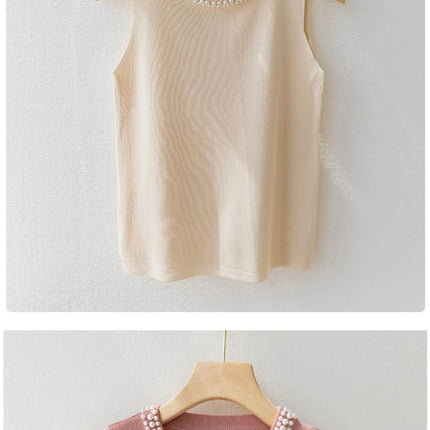 Korea Knitted Vests Women Top Solid Tank Blusas Mujer De Moda Summer New Fashion Female Sleeveless Beading Casual Thin Tops