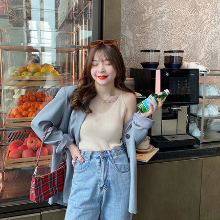 Korea Summer Tops New Solid V-Neck Elastic Knitted Suspender Camis Women's Tanks Clothing Basics Shirt