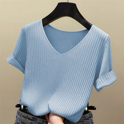 2025 Summer Blouse Women Blusas Mujer De Moda Verano Short Sleeve Blouse V-Neck Knitted Blouse Shirt Tops Women Blusas