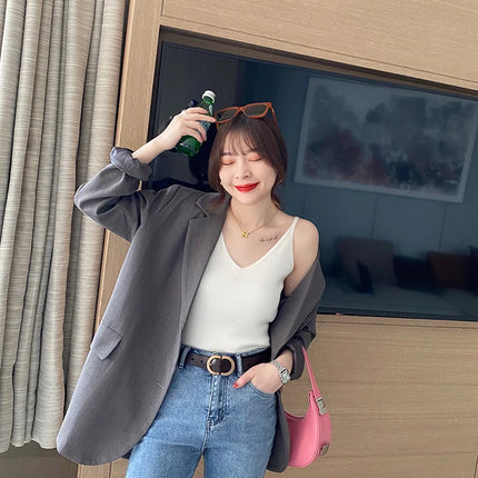 Korea Summer Tops New Solid V-Neck Elastic Knitted Suspender Camis Women's Tanks Clothing Basics Shirt