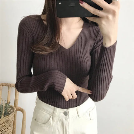 Korean Autumn V Neck Sweater Knitted Fashion Sweaters 2025 Slim Winter Tops For Women Pullover Jumper Pull Femme Truien Dames