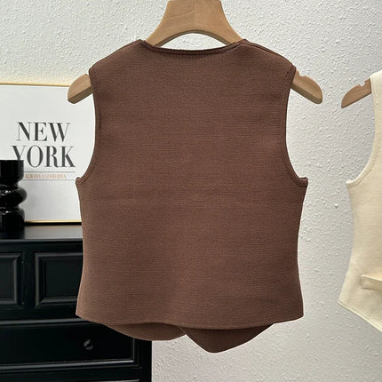 New Summer Women Knitted V-Neck Sleeveless Slim Vest 2025 Female Fashion Solid Single Breasted Tank Tops