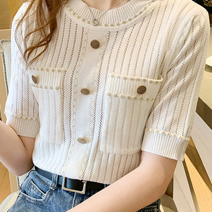 White Tshirt Women Summer 2024 Short Sleeve Top Ladies Pockets Basic T Shirts Knitted Casual Clothes Tee Shirt Femme