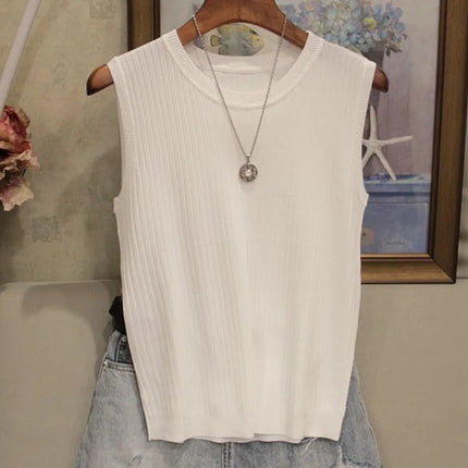 2025 Summer New Fashion Knitted Vests O-neck Sleeveless Casual Thin Tops Sleeveless Blouse Women Shirt