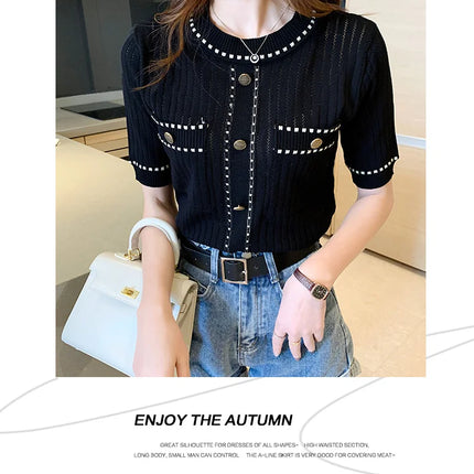 White Tshirt Women Summer 2024 Short Sleeve Top Ladies Pockets Basic T Shirts Knitted Casual Clothes Tee Shirt Femme