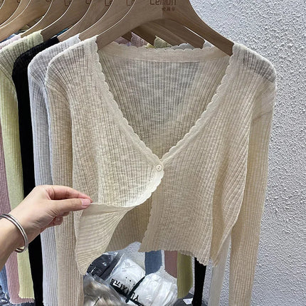 Summer Short Ice Silk Knitted Sun Protection Cardigan Women's Thin Suspender Skirt Layered Gauze Jacket Air-conditioned Cover Up