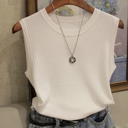 2025 Summer New Fashion Knitted Vests O-neck Sleeveless Casual Thin Tops Sleeveless Blouse Women Shirt
