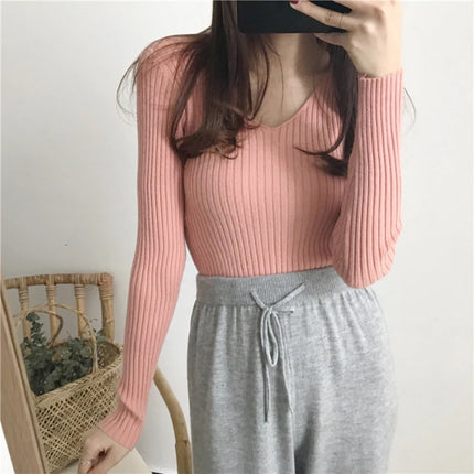 Korean Autumn V Neck Sweater Knitted Fashion Sweaters 2025 Slim Winter Tops For Women Pullover Jumper Pull Femme Truien Dames