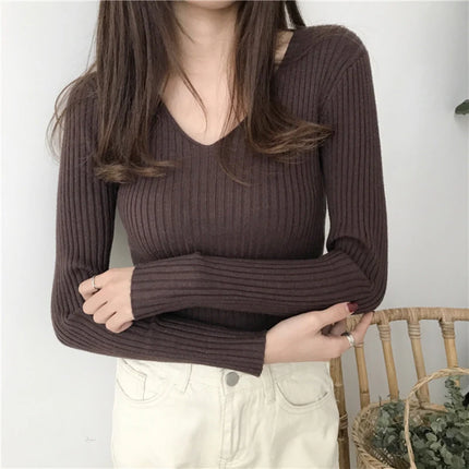 Korean Autumn V Neck Sweater Knitted Fashion Sweaters 2025 Slim Winter Tops For Women Pullover Jumper Pull Femme Truien Dames