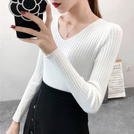 Korean Autumn V Neck Sweater Knitted Fashion Sweaters 2025 Slim Winter Tops For Women Pullover Jumper Pull Femme Truien Dames