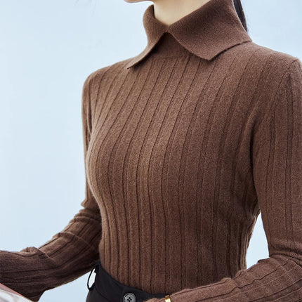 New Polo Collar Women's Knitted Sweater Long Sleeve Slim Fit Pullovers for Women Autumn Winter Sweaters Soft Warm Bottoming Tops
