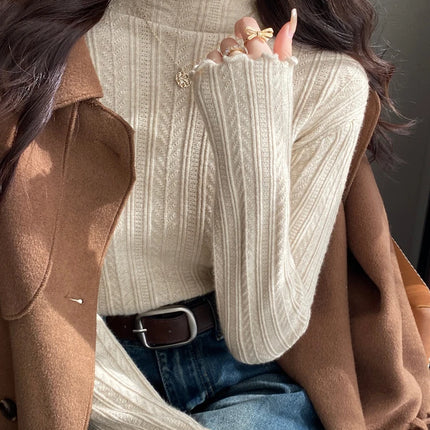 2025 Ruched Turtleneck Women Sweaters Autumn Winter Warm Pullover Slim Tops Knitted Sweater Jumper Soft Pull Female