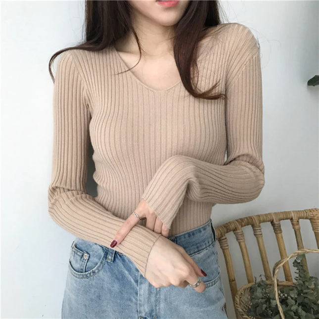 Korean Autumn V Neck Sweater Knitted Fashion Sweaters 2025 Slim Winter Tops For Women Pullover Jumper Pull Femme Truien Dames