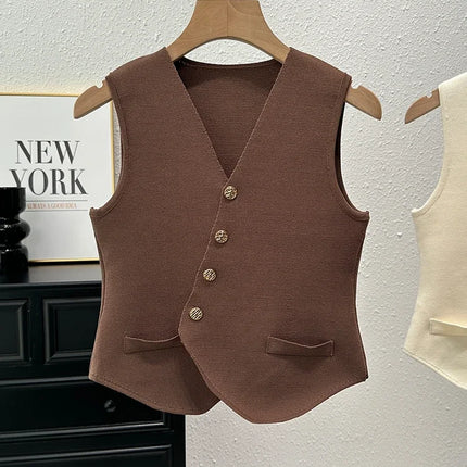 New Summer Women Knitted V-Neck Sleeveless Slim Vest 2025 Female Fashion Solid Single Breasted Tank Tops