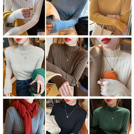 Autumn Winter Knitted Ribbed Turtleneck Sweater Women Clothes 2025 Long Sleeve Slim Basic Pullover Woman Sweaters Solid Tops