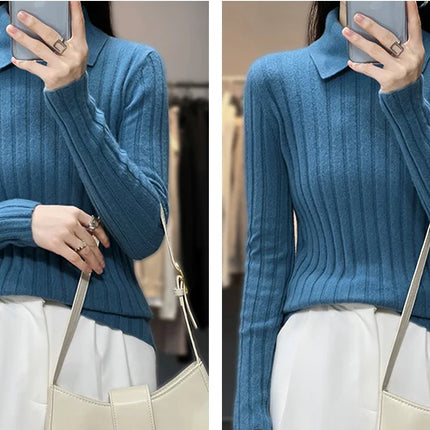 New Polo Collar Women's Knitted Sweater Long Sleeve Slim Fit Pullovers for Women Autumn Winter Sweaters Soft Warm Bottoming Tops