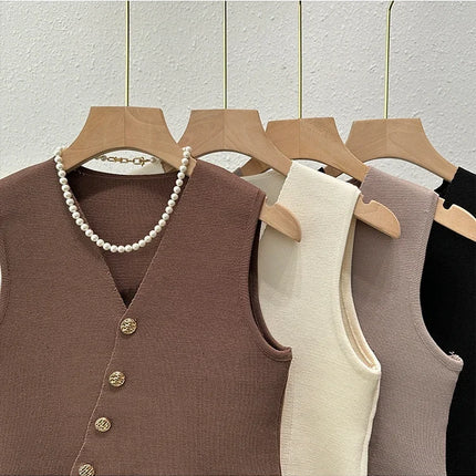 New Summer Women Knitted V-Neck Sleeveless Slim Vest 2025 Female Fashion Solid Single Breasted Tank Tops