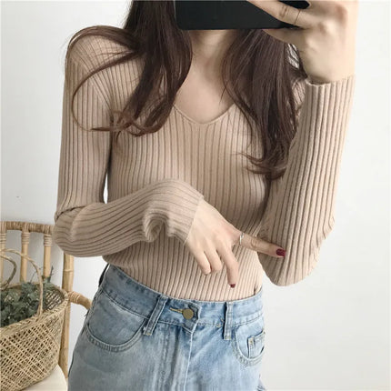 Korean Autumn V Neck Sweater Knitted Fashion Sweaters 2025 Slim Winter Tops For Women Pullover Jumper Pull Femme Truien Dames