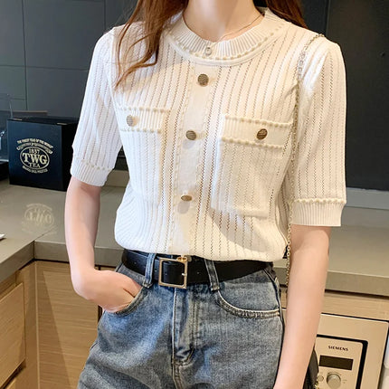 White Tshirt Women Summer 2024 Short Sleeve Top Ladies Pockets Basic T Shirts Knitted Casual Clothes Tee Shirt Femme