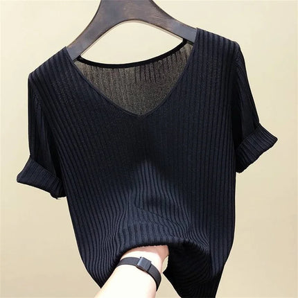 2025 Summer Blouse Women Blusas Mujer De Moda Verano Short Sleeve Blouse V-Neck Knitted Blouse Shirt Tops Women Blusas