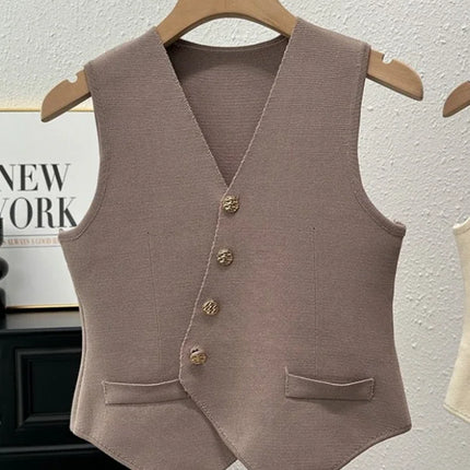 New Summer Women Knitted V-Neck Sleeveless Slim Vest 2025 Female Fashion Solid Single Breasted Tank Tops