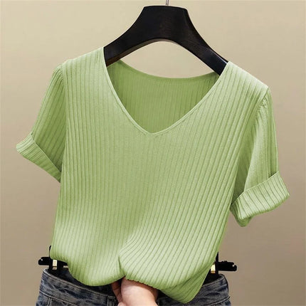 2025 Summer Blouse Women Blusas Mujer De Moda Verano Short Sleeve Blouse V-Neck Knitted Blouse Shirt Tops Women Blusas
