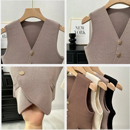New Summer Women Knitted V-Neck Sleeveless Slim Vest 2025 Female Fashion Solid Single Breasted Tank Tops