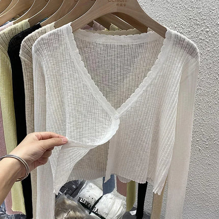 Summer Short Ice Silk Knitted Sun Protection Cardigan Women's Thin Suspender Skirt Layered Gauze Jacket Air-conditioned Cover Up
