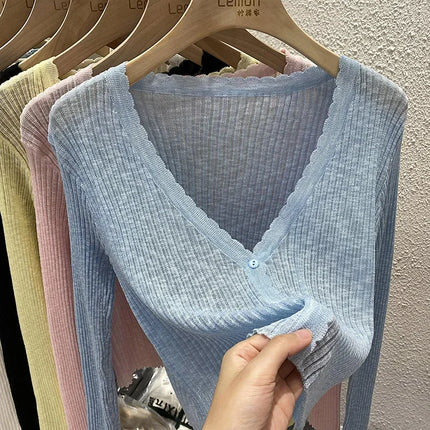 Summer Short Ice Silk Knitted Sun Protection Cardigan Women's Thin Suspender Skirt Layered Gauze Jacket Air-conditioned Cover Up