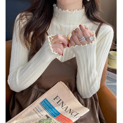 2025 Ruched Turtleneck Women Sweaters Autumn Winter Warm Pullover Slim Tops Knitted Sweater Jumper Soft Pull Female