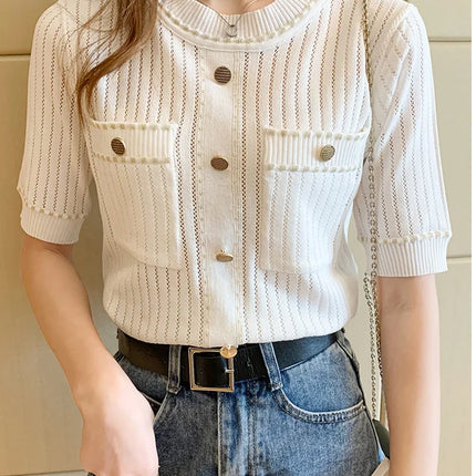 White Tshirt Women Summer 2024 Short Sleeve Top Ladies Pockets Basic T Shirts Knitted Casual Clothes Tee Shirt Femme