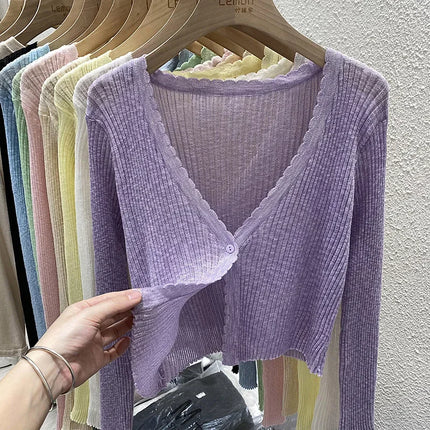 Summer Short Ice Silk Knitted Sun Protection Cardigan Women's Thin Suspender Skirt Layered Gauze Jacket Air-conditioned Cover Up