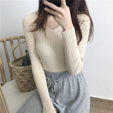 Korean Autumn V Neck Sweater Knitted Fashion Sweaters 2025 Slim Winter Tops For Women Pullover Jumper Pull Femme Truien Dames
