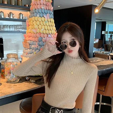 Autumn Winter Female Long Sleeve Knit Patctwork Lace Sweater Turtleneck Skinny Elastic Knitted Pullovers Women Solid Color Tops