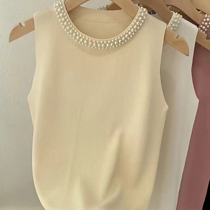 Korea Knitted Vests Women Top Solid Tank Blusas Mujer De Moda Summer New Fashion Female Sleeveless Beading Casual Thin Tops