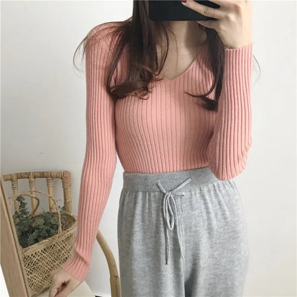 Korean Autumn V Neck Sweater Knitted Fashion Sweaters 2025 Slim Winter Tops For Women Pullover Jumper Pull Femme Truien Dames