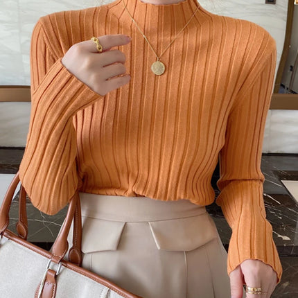 Autumn Winter Knitted Ribbed Turtleneck Sweater Women Clothes 2025 Long Sleeve Slim Basic Pullover Woman Sweaters Solid Tops