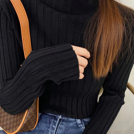 Autumn Winter Knitted Ribbed Turtleneck Sweater Women Clothes 2025 Long Sleeve Slim Basic Pullover Woman Sweaters Solid Tops